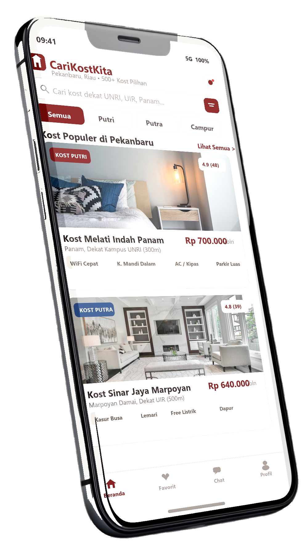 Tampilan Aplikasi CariKostKita di Layar Smartphone 3D